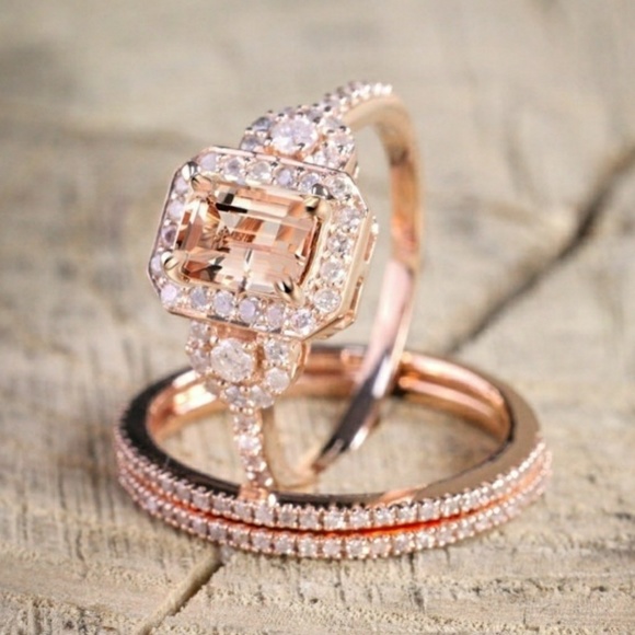 Rose gold Morganite & Diamond Three Halo Ring